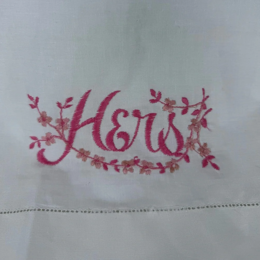 Vintage Standard‎ Pillowcase Embroidered Hers White Pink Floral Country Shabby